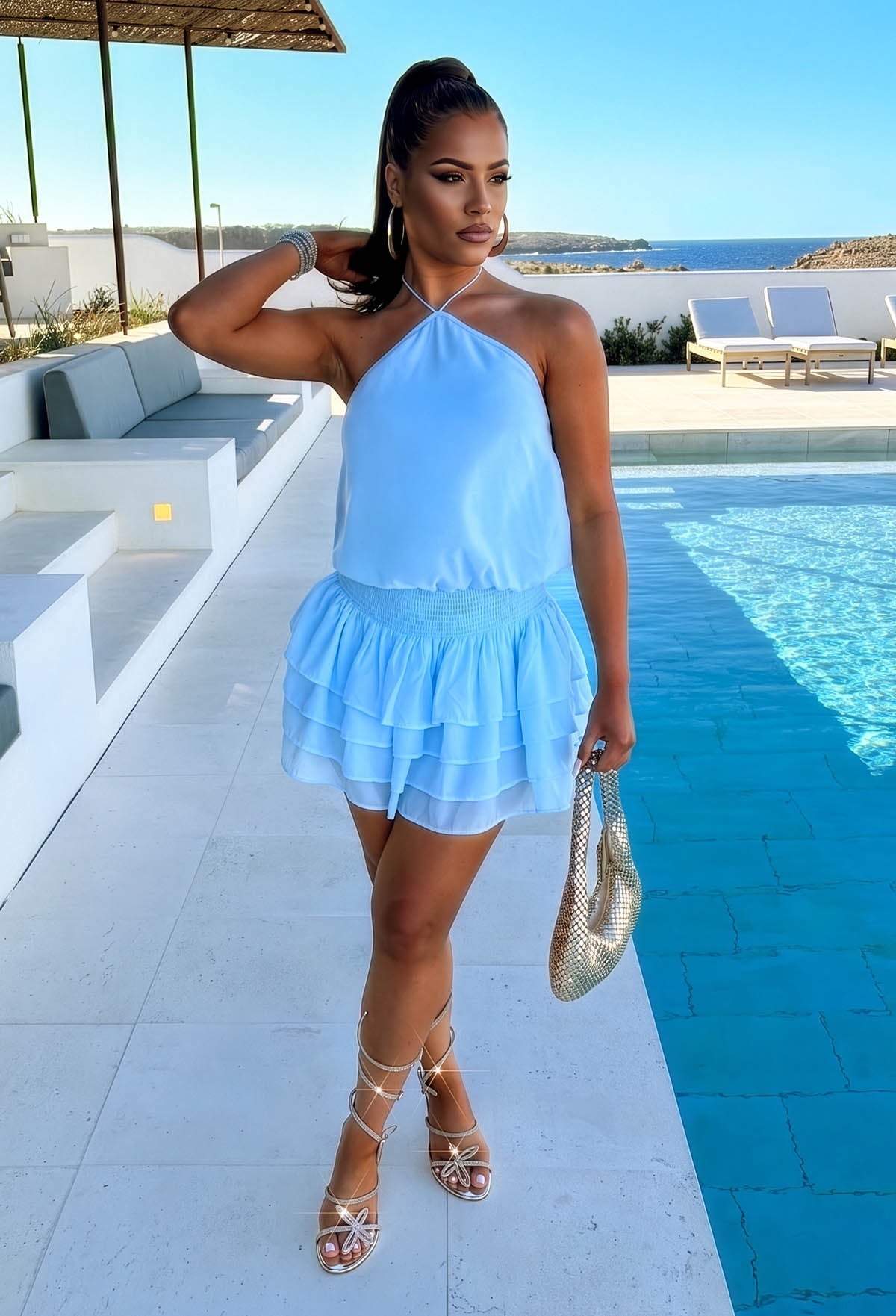 Dangerously Divine Blue Frill Halter Mini Dress