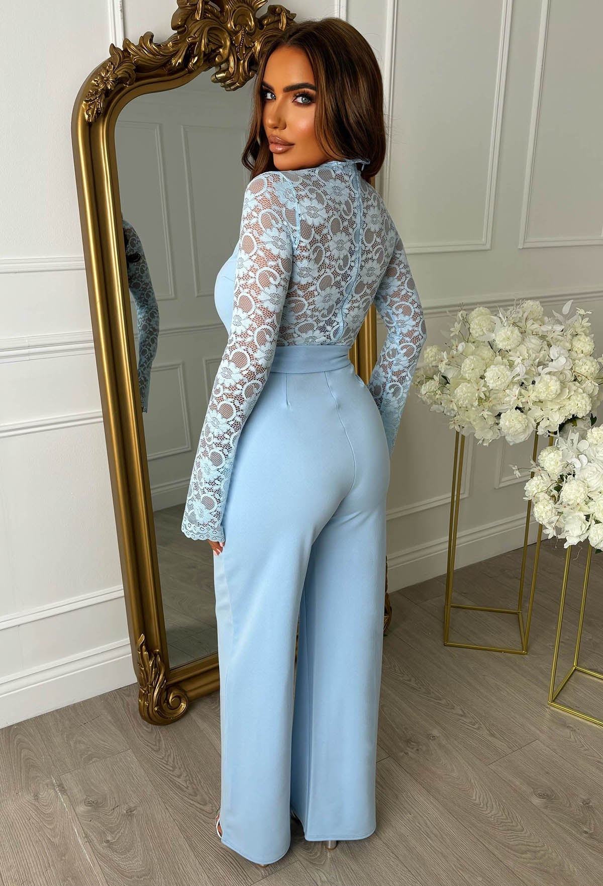 Deluxe Design Blue Lace & Plain Wide Leg Belted Jumpsuit