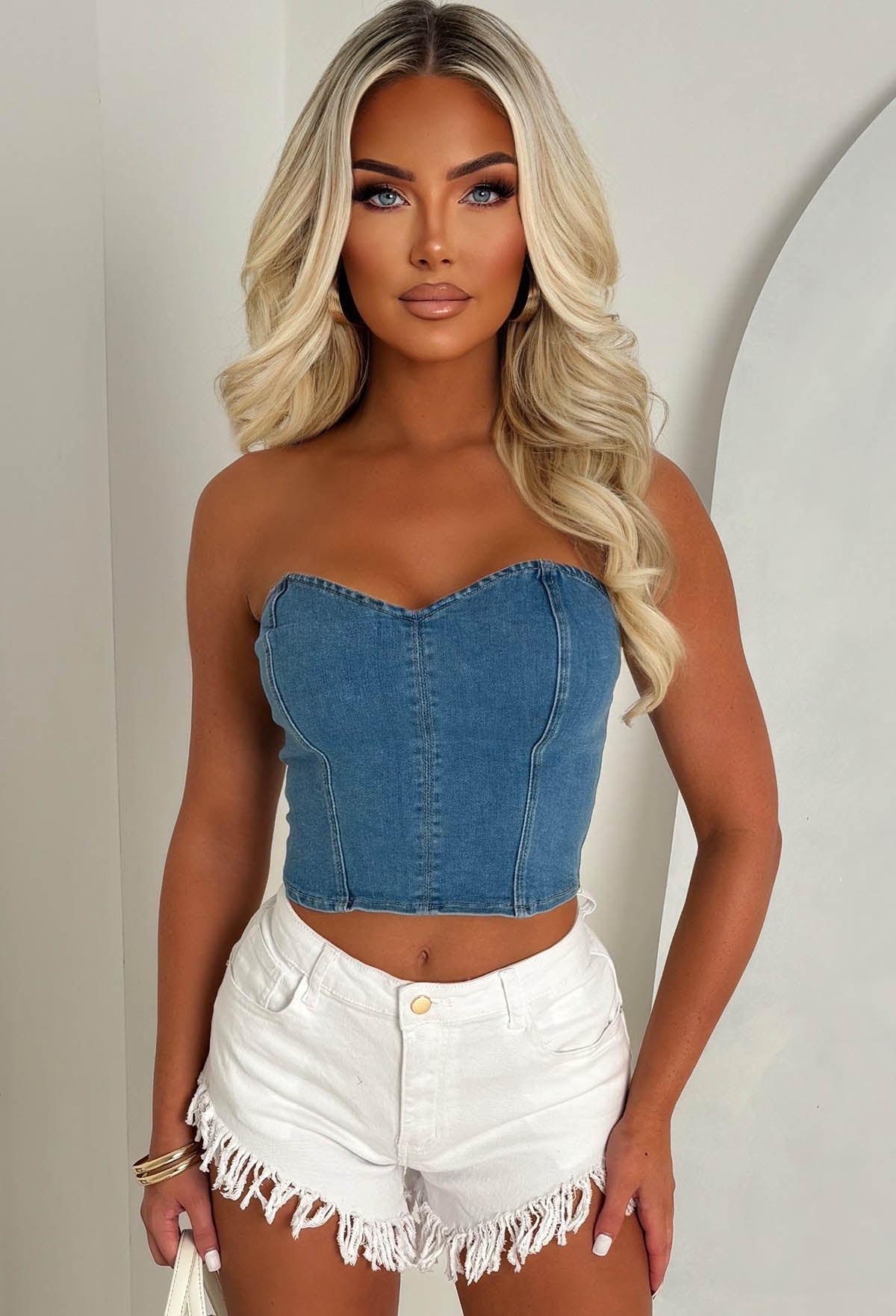Denim Babes Mid Wash Stretch Denim Bandeau Top