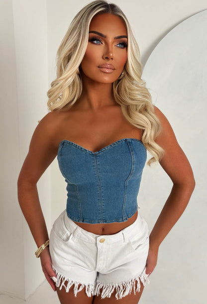 Denim Babes Mid Wash Stretch Denim Bandeau Top