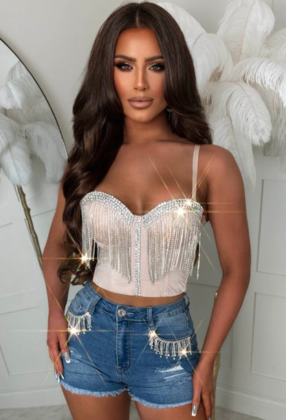 Denim Delight Mid Wash Denim Tassel Shorts