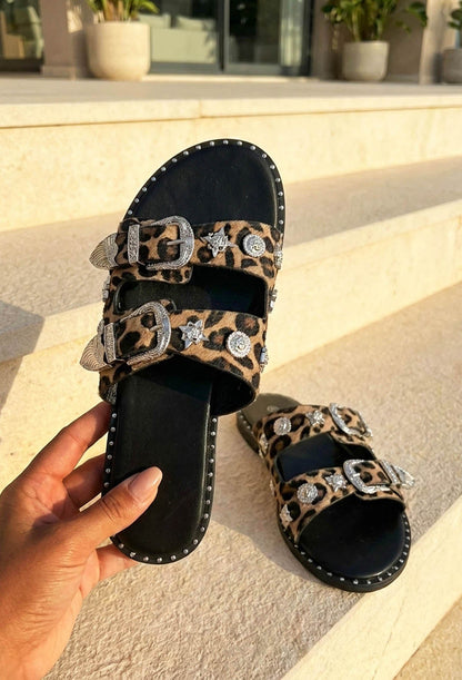 Destination Daydream Black Leopard Studded Double Strap Sliders