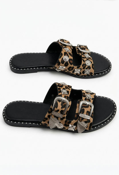 Destination Daydream Black Leopard Studded Double Strap Sliders