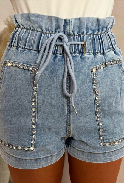 Diamond Chic Mid Wash Stretch Denim Paperbag Diamante Shorts