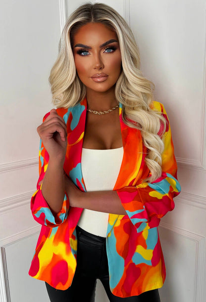 Divine & Juicy Multi Shawl Neck Ruched Sleeve Water Print Blazer