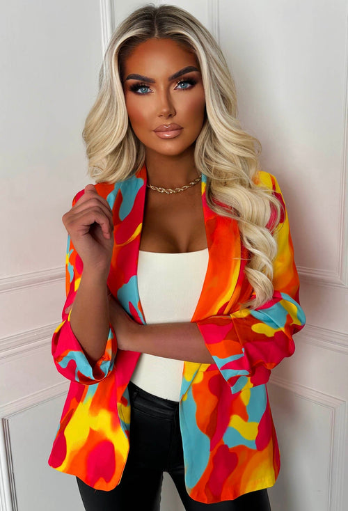 Divine & Juicy Multi Shawl Neck Ruched Sleeve Water Print Blazer