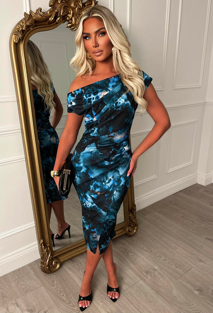 Dixie Chic Blue Floral Animal Print Ruched Midi Dress