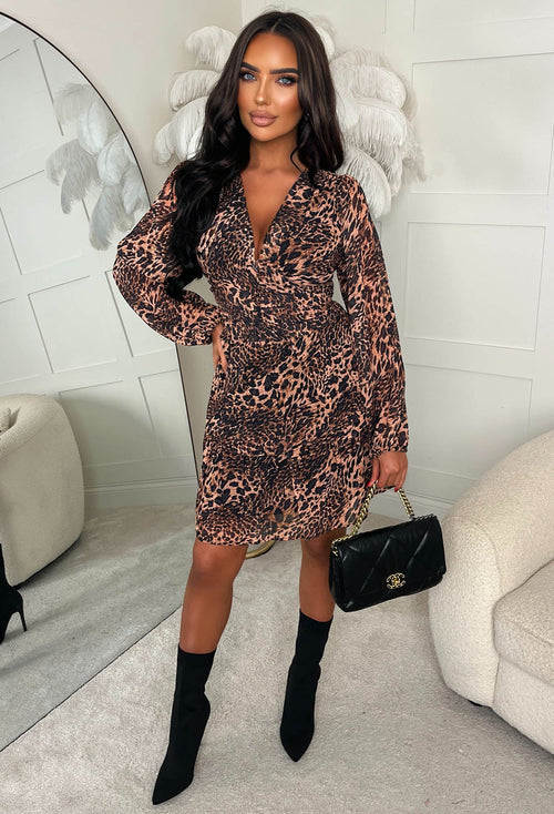 Do Revenge Brown V Neck Tiered Animal Dress