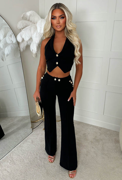 Drama Darling Black Flared Gold Button Flared Trousers