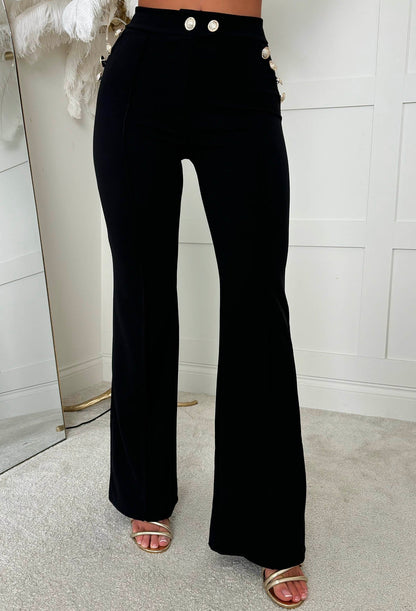 Drama Darling Black Flared Gold Button Flared Trousers