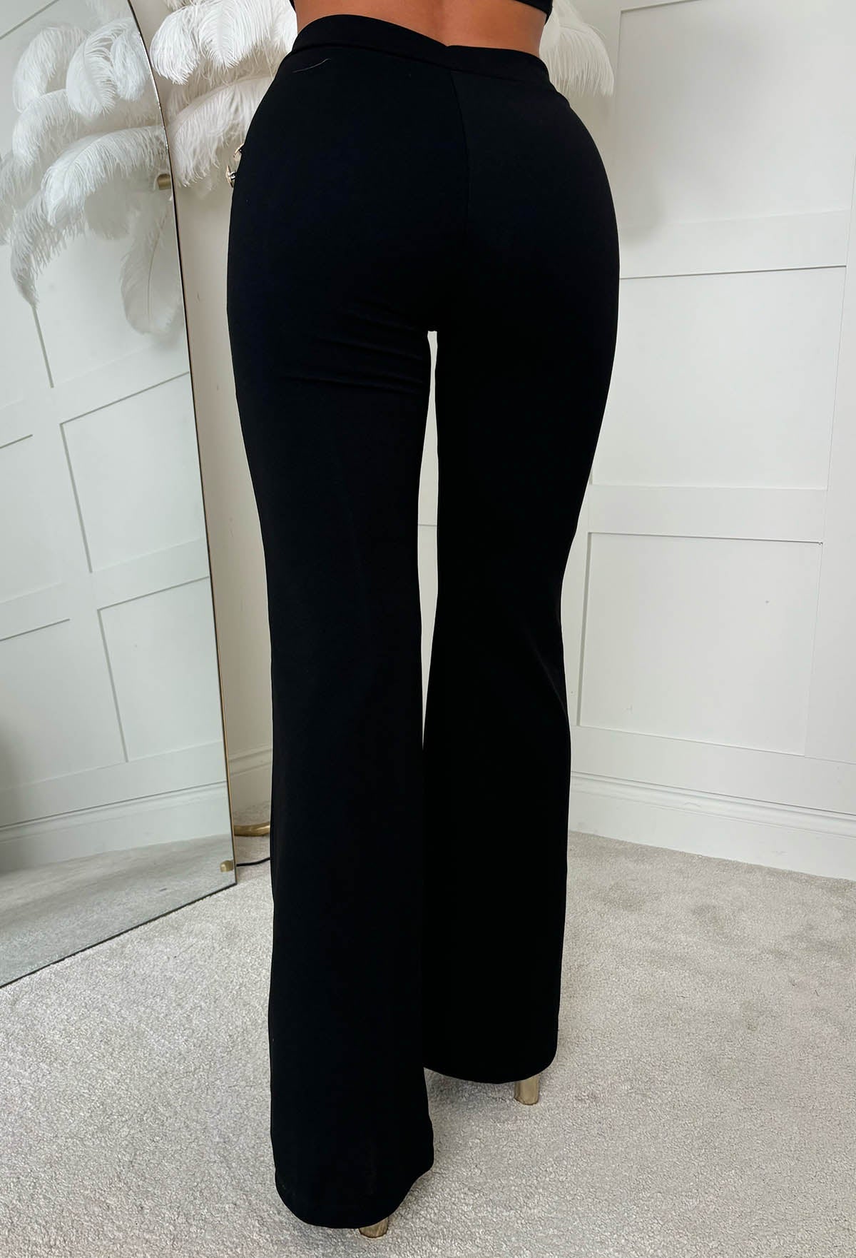 Drama Darling Black Flared Gold Button Flared Trousers