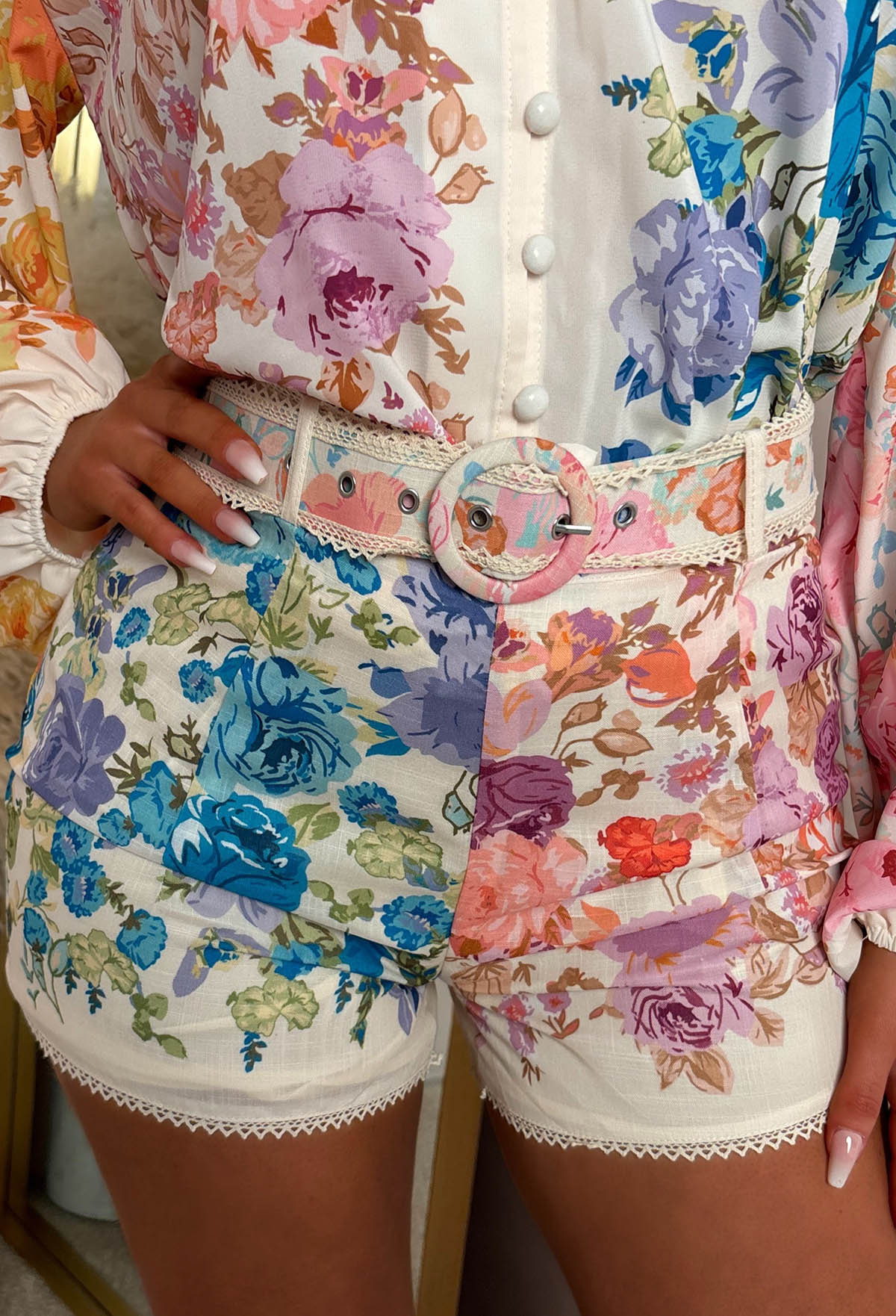 Drama Queen Multi Floral Print Belted Short Blouse Co-ord