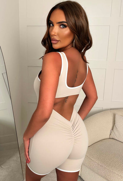 Effortless Style Beige Contrast Edge Ruched Unitard