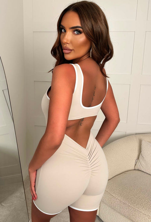 Effortless Style Beige Contrast Edge Ruched Unitard