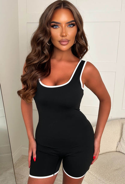 Effortless Style Black Contrast Edge Ruched Unitard