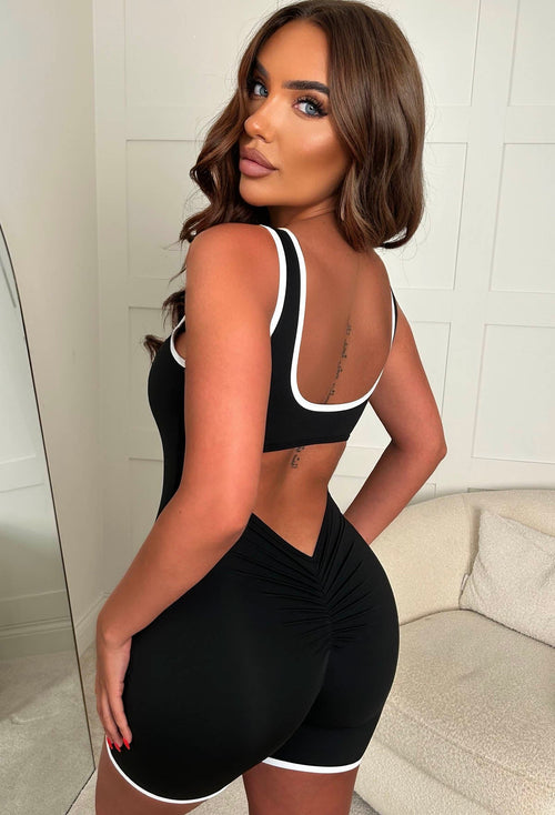 Effortless Style Black Contrast Edge Ruched Unitard