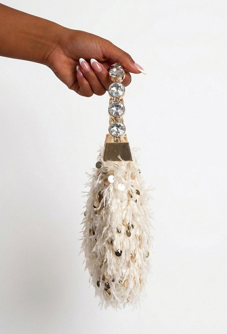 Eira Beige Feather Sequin Bag With Diamante Strap