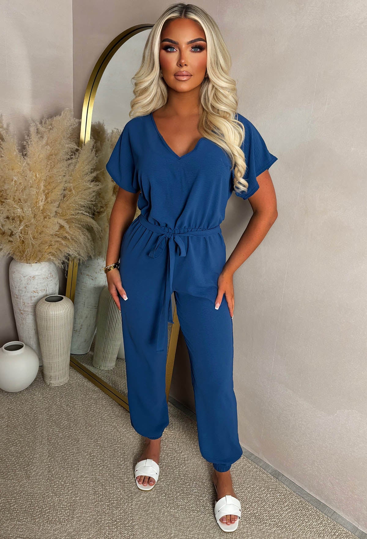 Elegance Everyday Blue Elasticated Hem Belted Jumpsuit