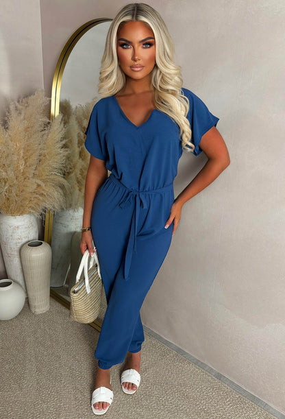 Elegance Everyday Blue Elasticated Hem Belted Jumpsuit
