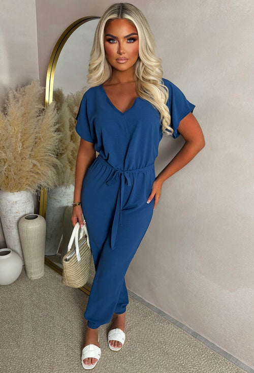 Elegance Everyday Blue Elasticated Hem Belted Jumpsuit
