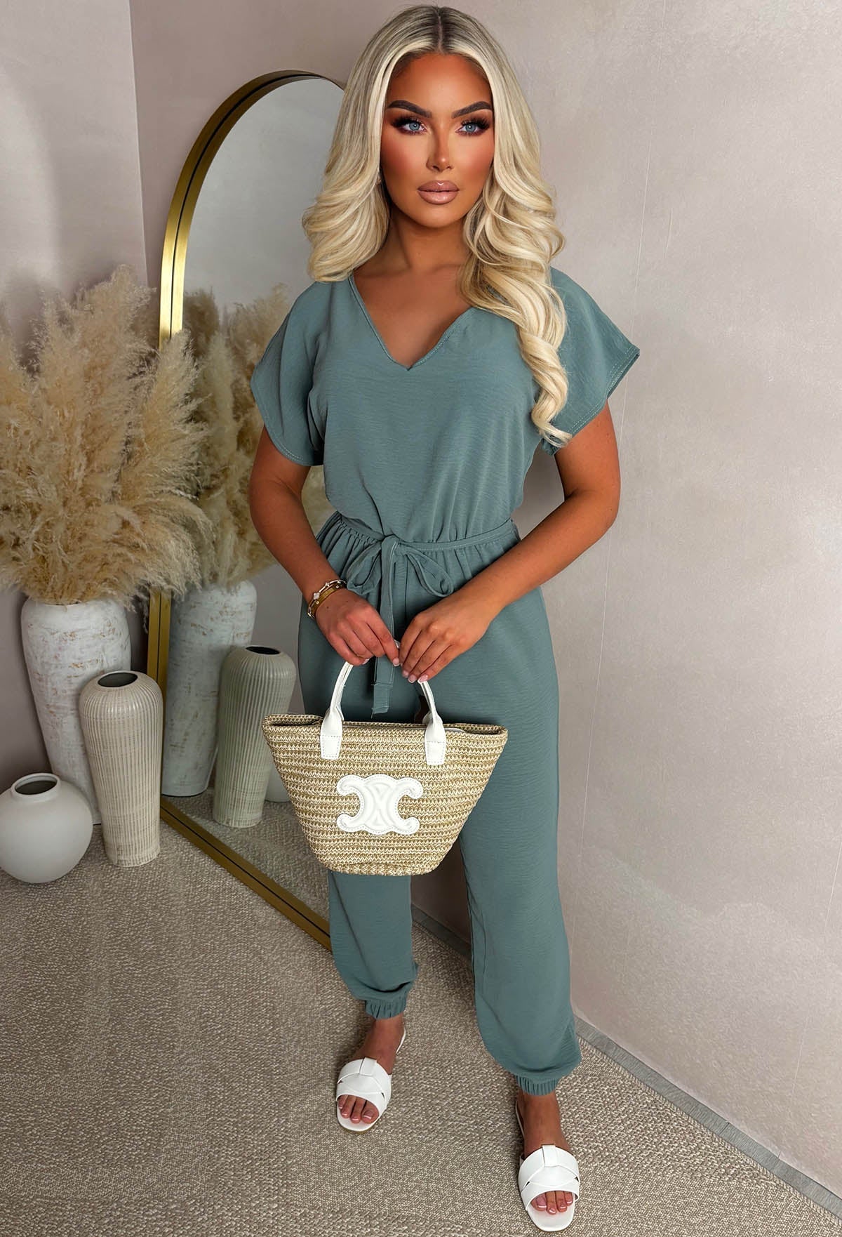 Elegance Everyday Green Elasticated Hem Belted Jumpsuit