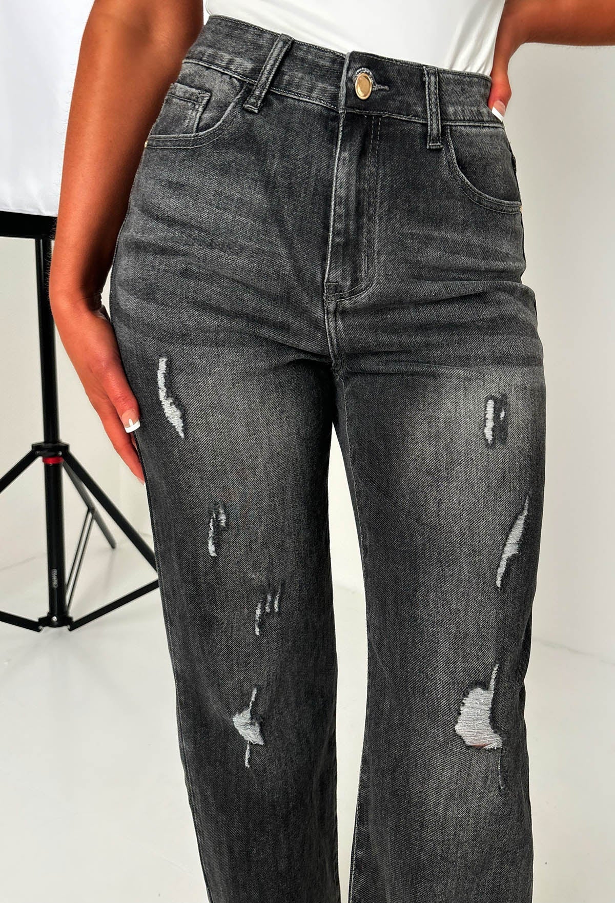 Escape In Denim Black Stretch Distressed Straight Leg Jeans
