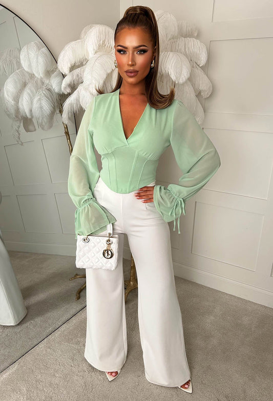 Ethereal Ease Sage Mesh Corset Style Top