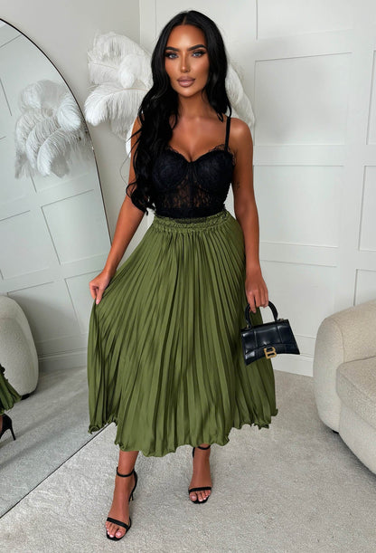 Everyday Goddess Khaki Satin Stretch Pleated Skirt