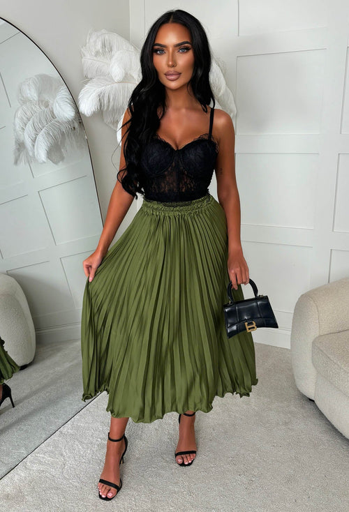 Everyday Goddess Khaki Satin Stretch Pleated Skirt