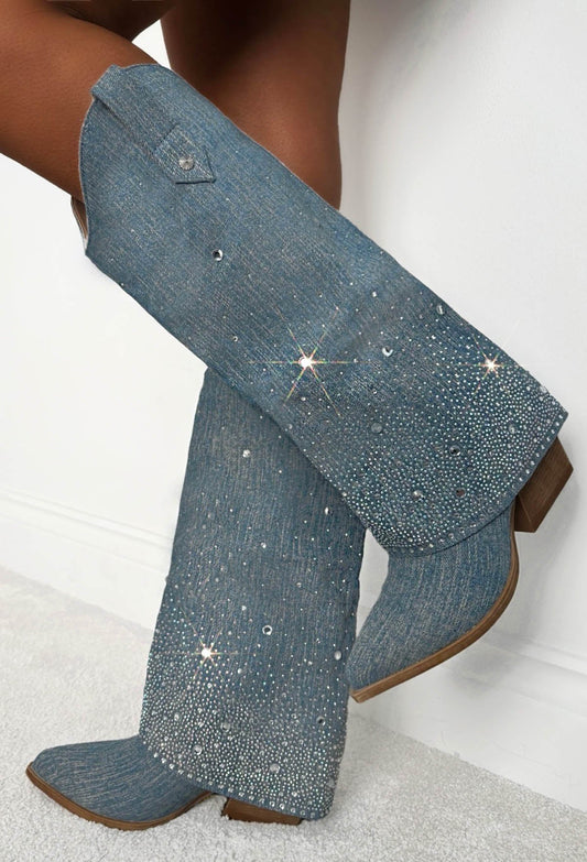 Festival Feelings Blue Embellished Denim Fold Over Boots