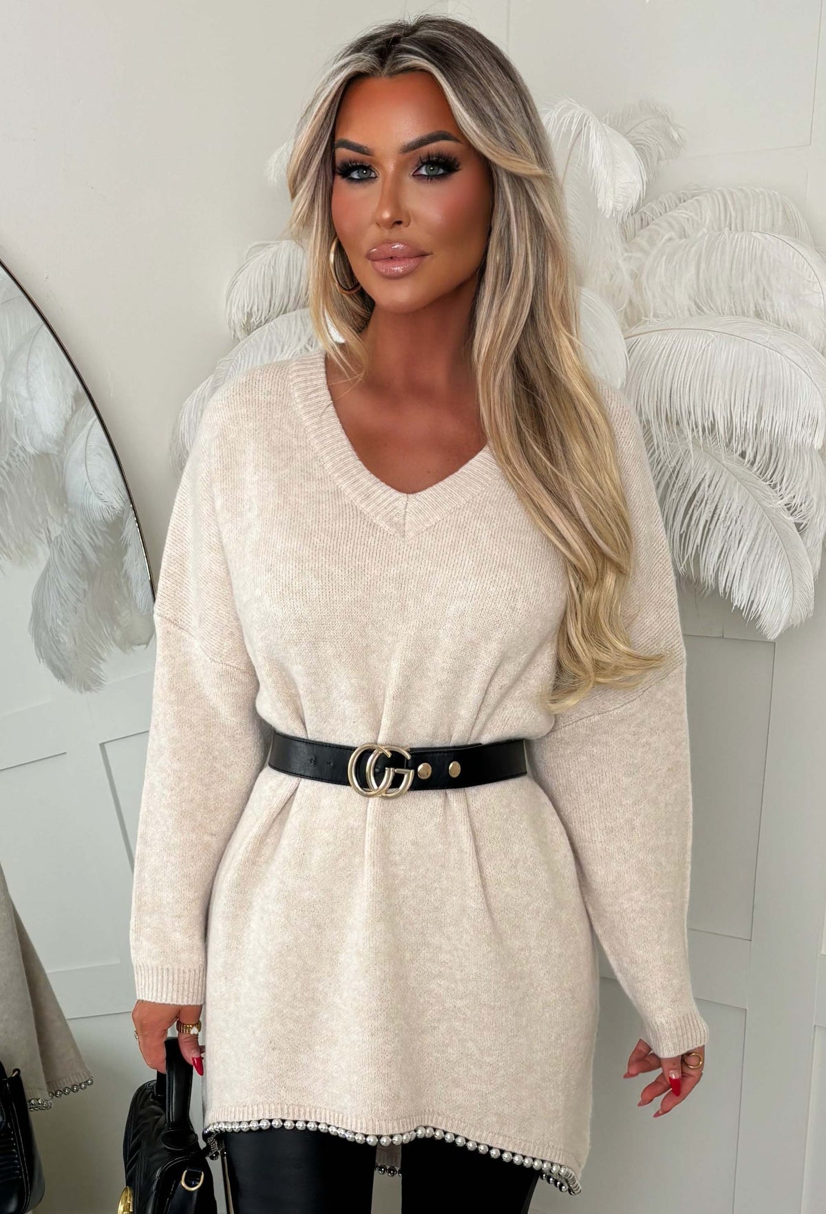 Cosy & Fierce Beige Batwing Beaded Trim Detail Jumper