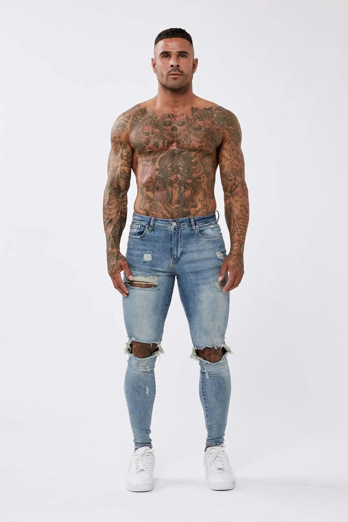 SKINNY FIT JEANS RIPPED & REPAIRED - STRONG WASHED DARK BLUE