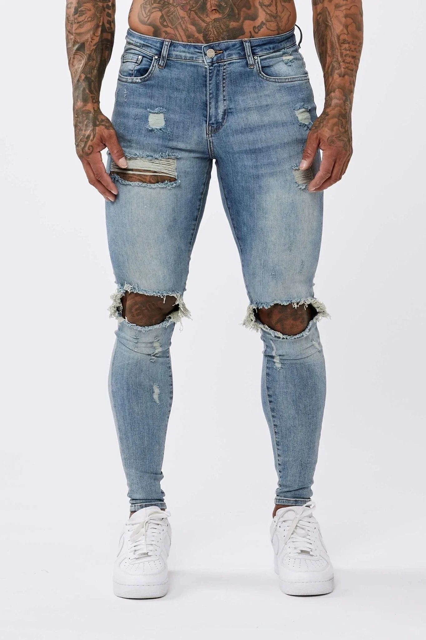 SKINNY FIT JEANS RIPPED & REPAIRED - STRONG WASHED DARK BLUE