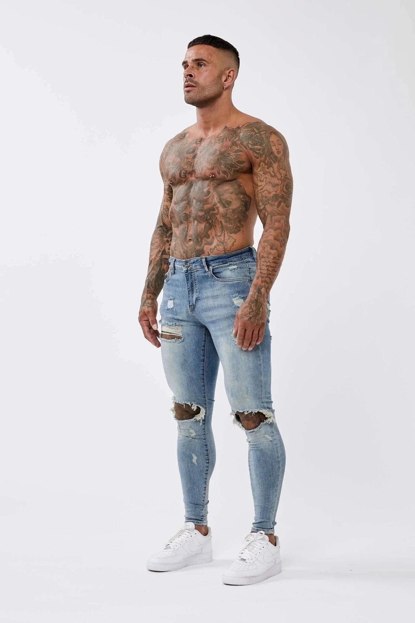 SKINNY FIT JEANS RIPPED & REPAIRED - STRONG WASHED DARK BLUE