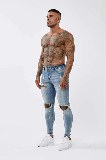SKINNY FIT JEANS RIPPED & REPAIRED - STRONG WASHED DARK BLUE
