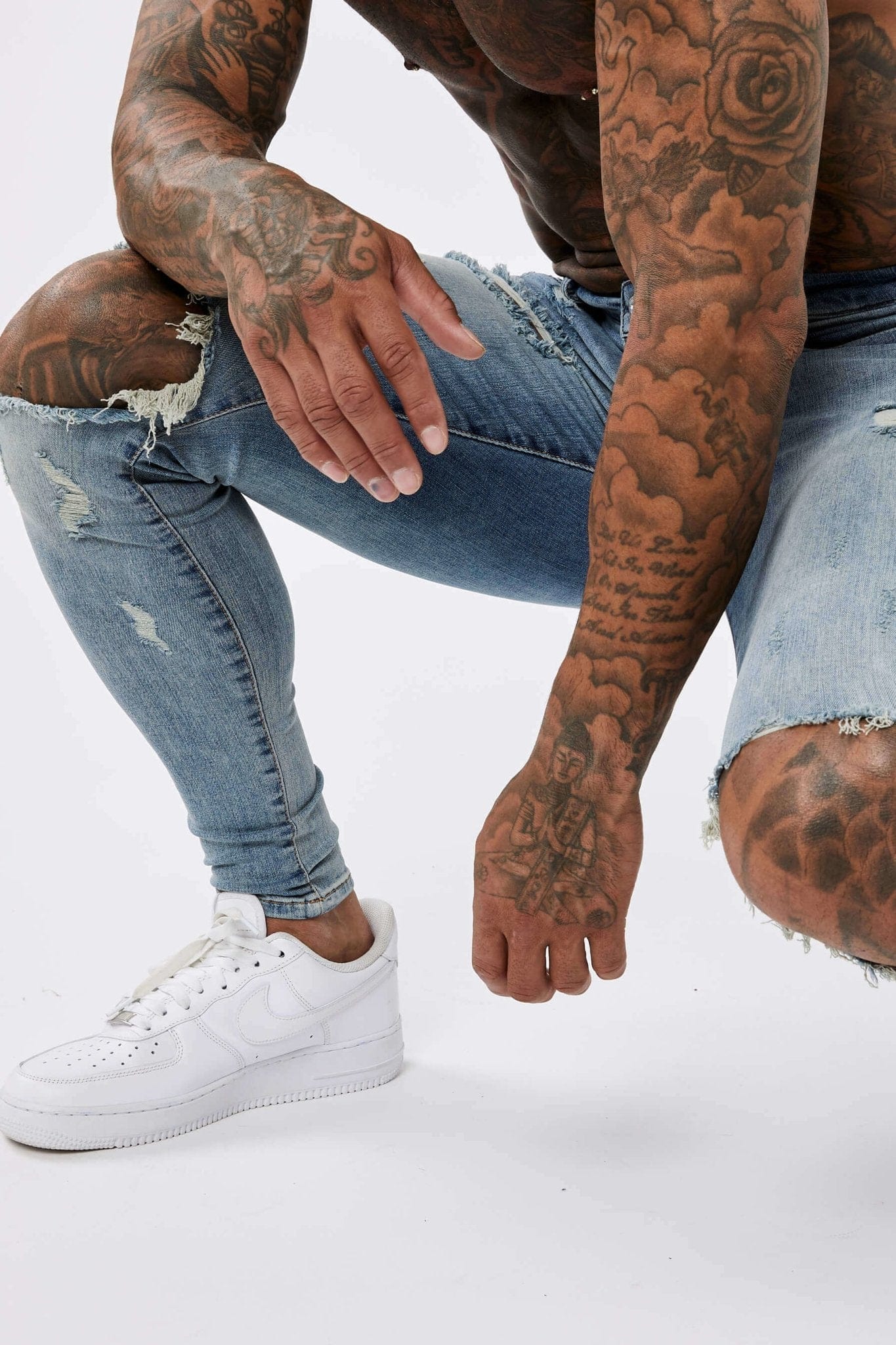 SKINNY FIT JEANS RIPPED & REPAIRED - STRONG WASHED DARK BLUE