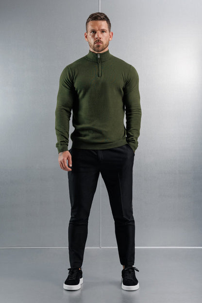 KNIT QUARTER ZIP SWEATER - DARK OLIVE