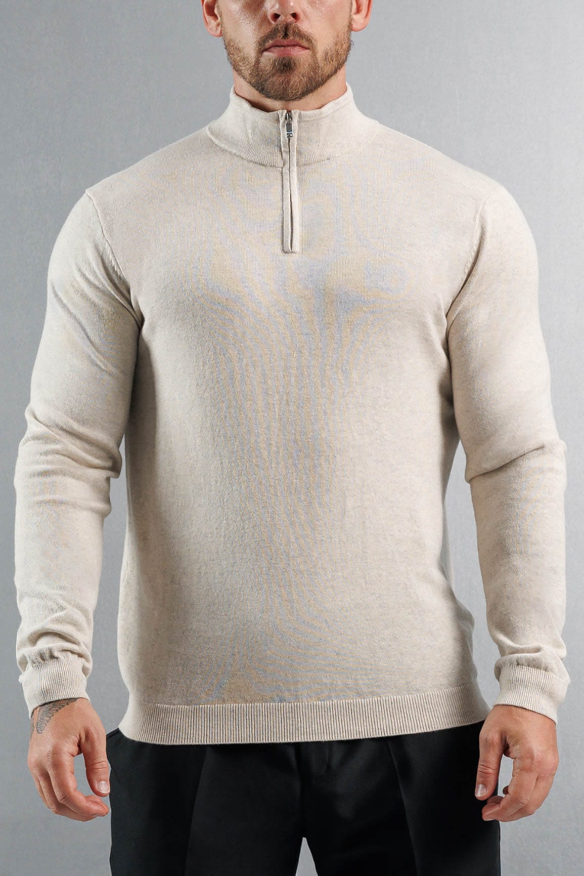 KNIT QUARTER ZIP SWEATER - STONE