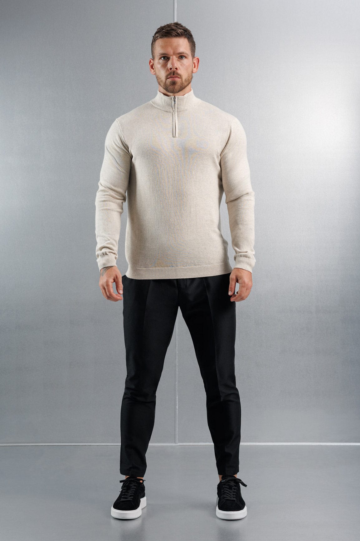 KNIT QUARTER ZIP SWEATER - STONE