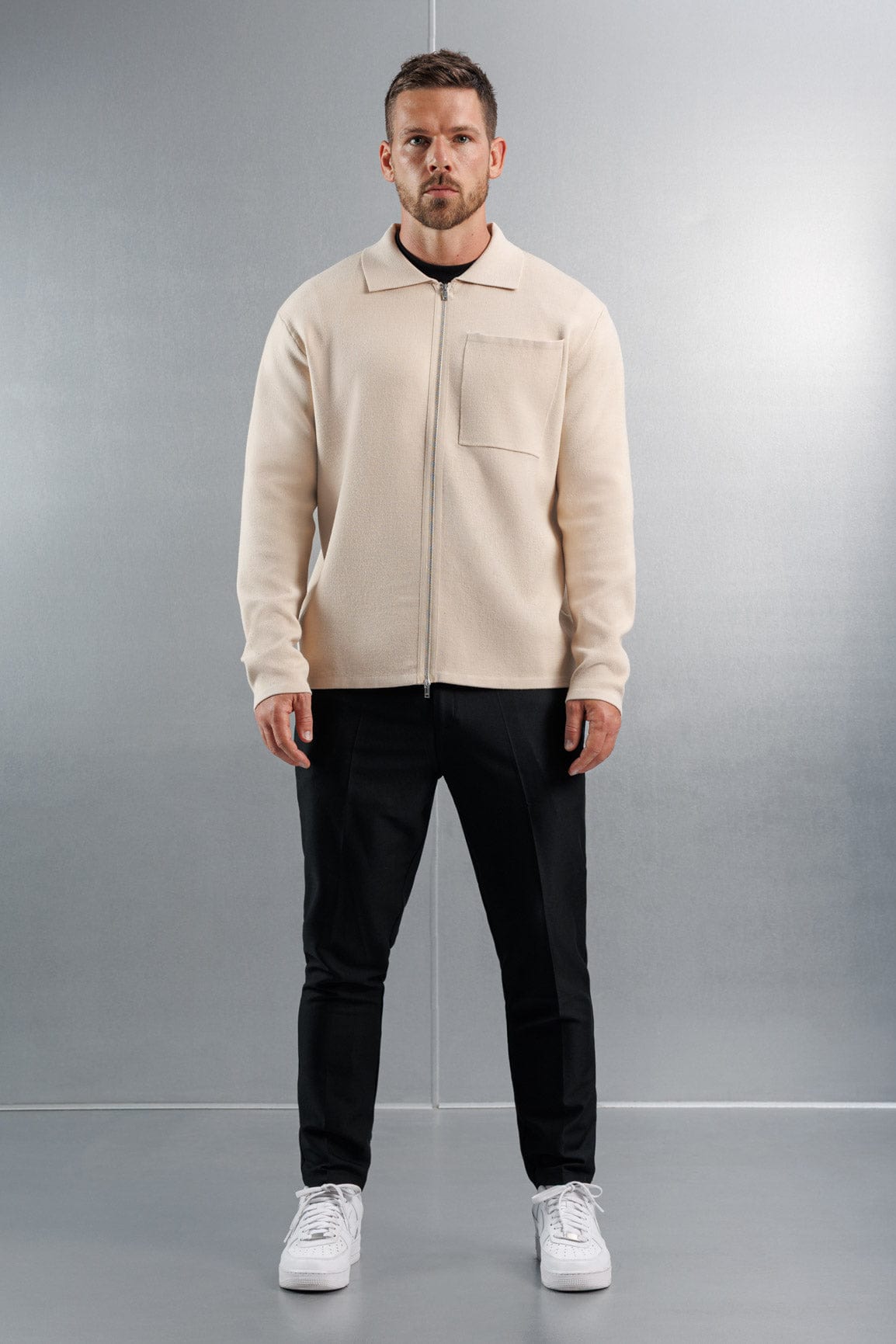 KNITTED ZIP CARDIGAN - CREME