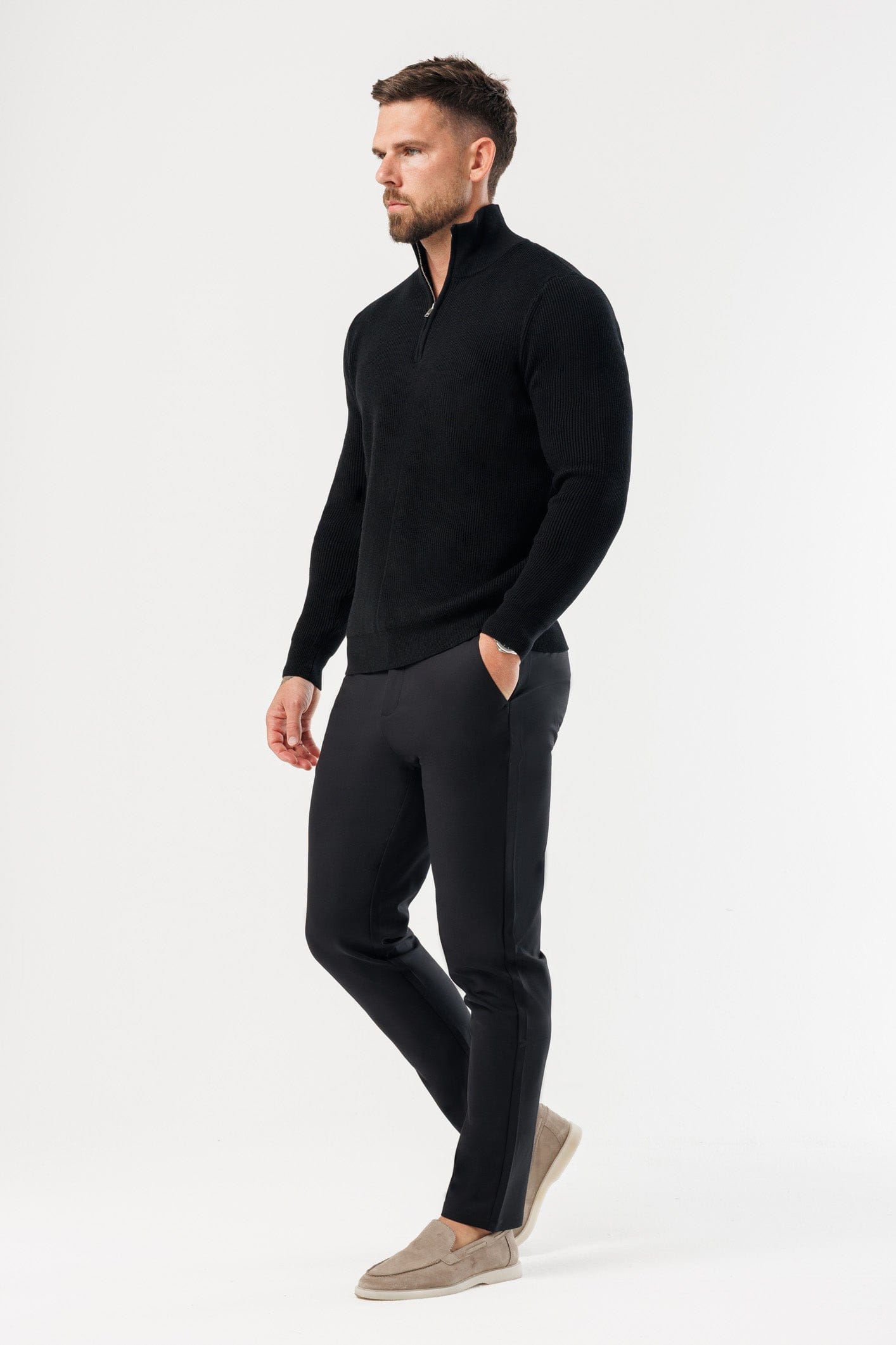 RIDGE KNIT QUARTER ZIP - BLACK