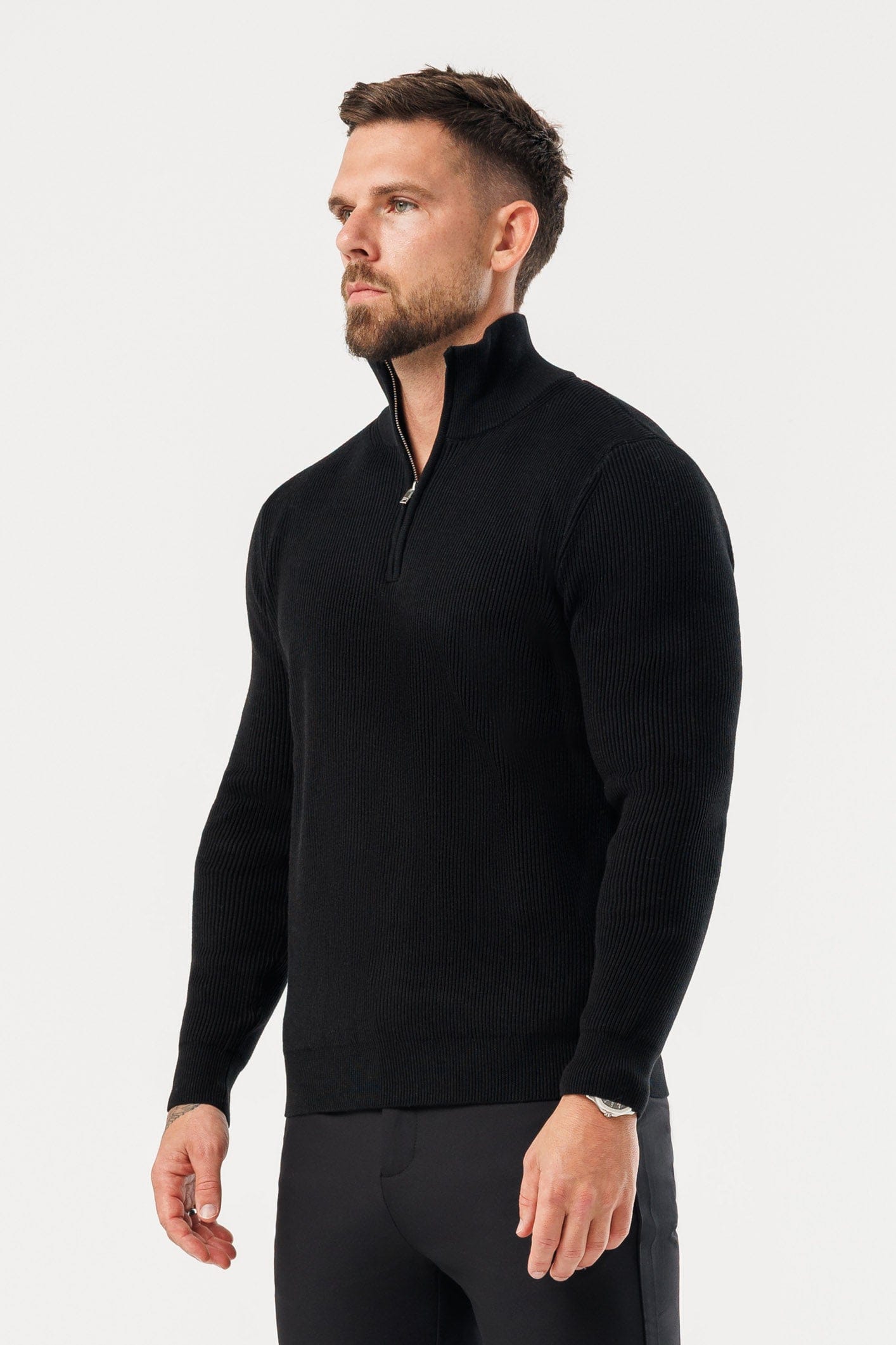 RIDGE KNIT QUARTER ZIP - BLACK