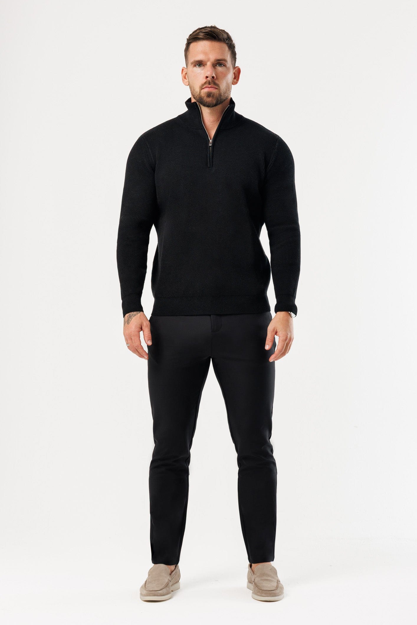 RIDGE KNIT QUARTER ZIP - BLACK