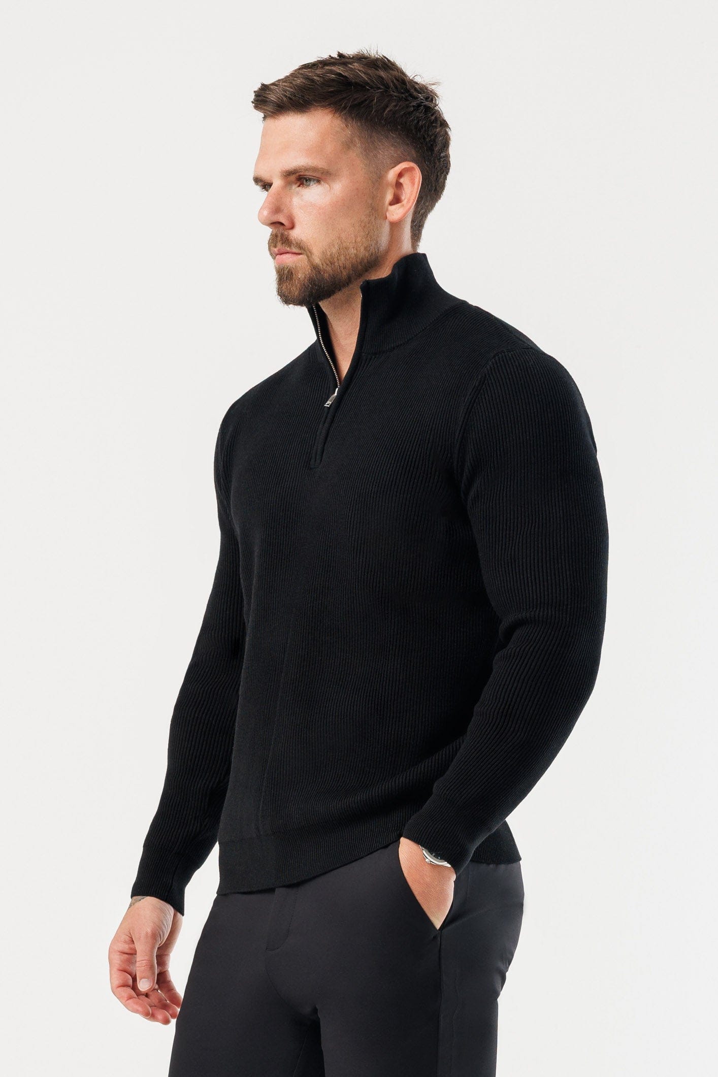 RIDGE KNIT QUARTER ZIP - BLACK