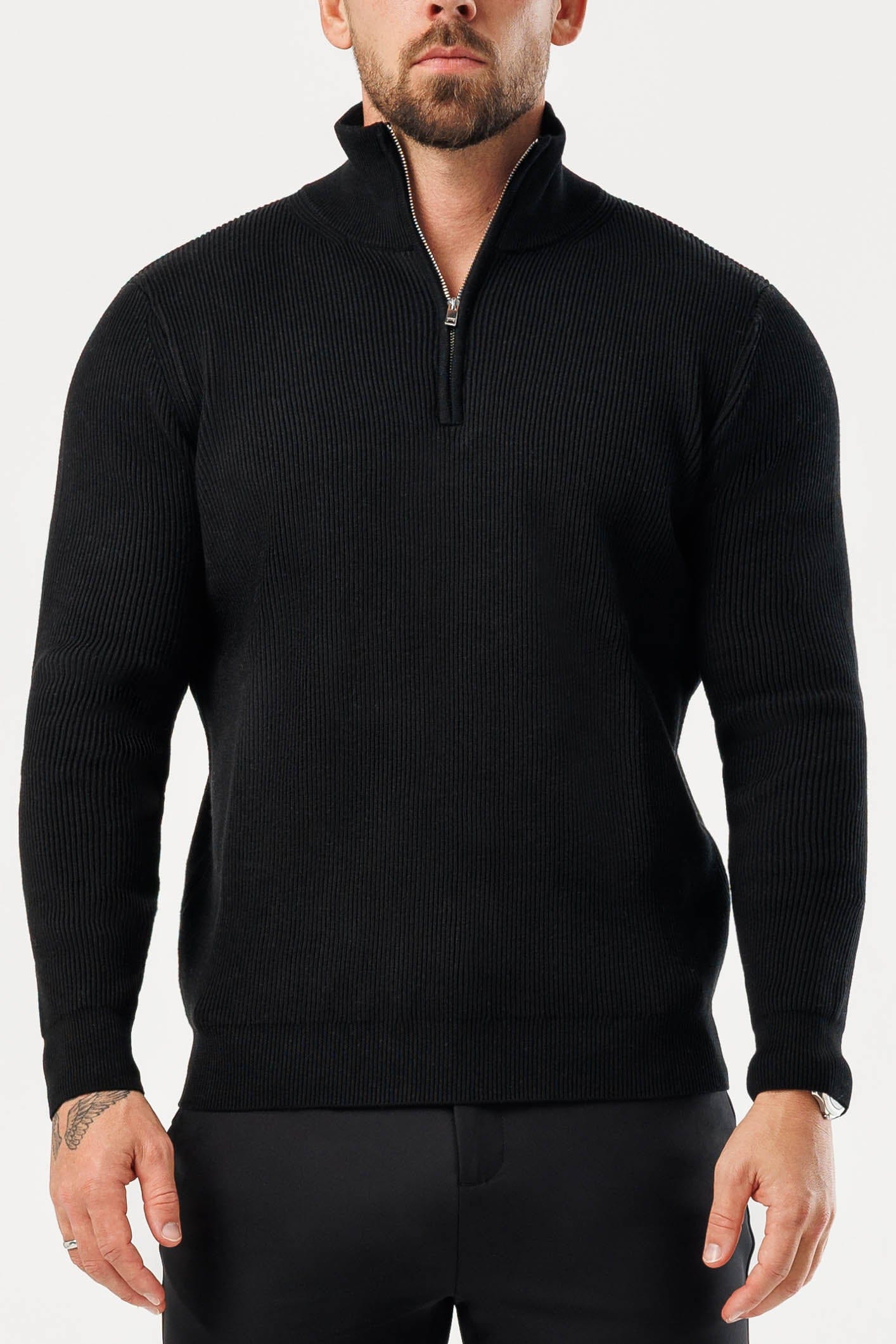 RIDGE KNIT QUARTER ZIP - BLACK