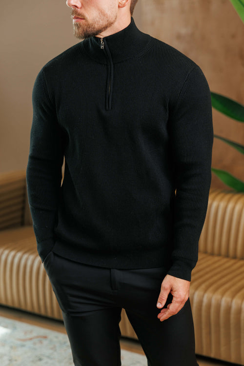 RIDGE KNIT QUARTER ZIP - BLACK