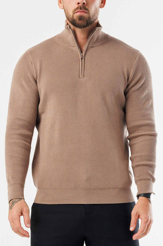 RIDGE KNIT QUARTER ZIP - BROWN
