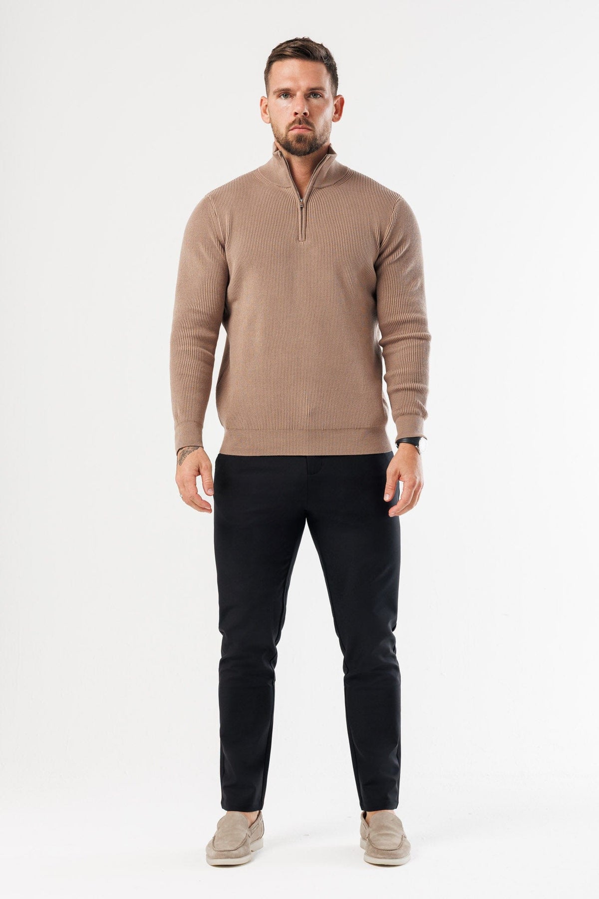 RIDGE KNIT QUARTER ZIP - BROWN