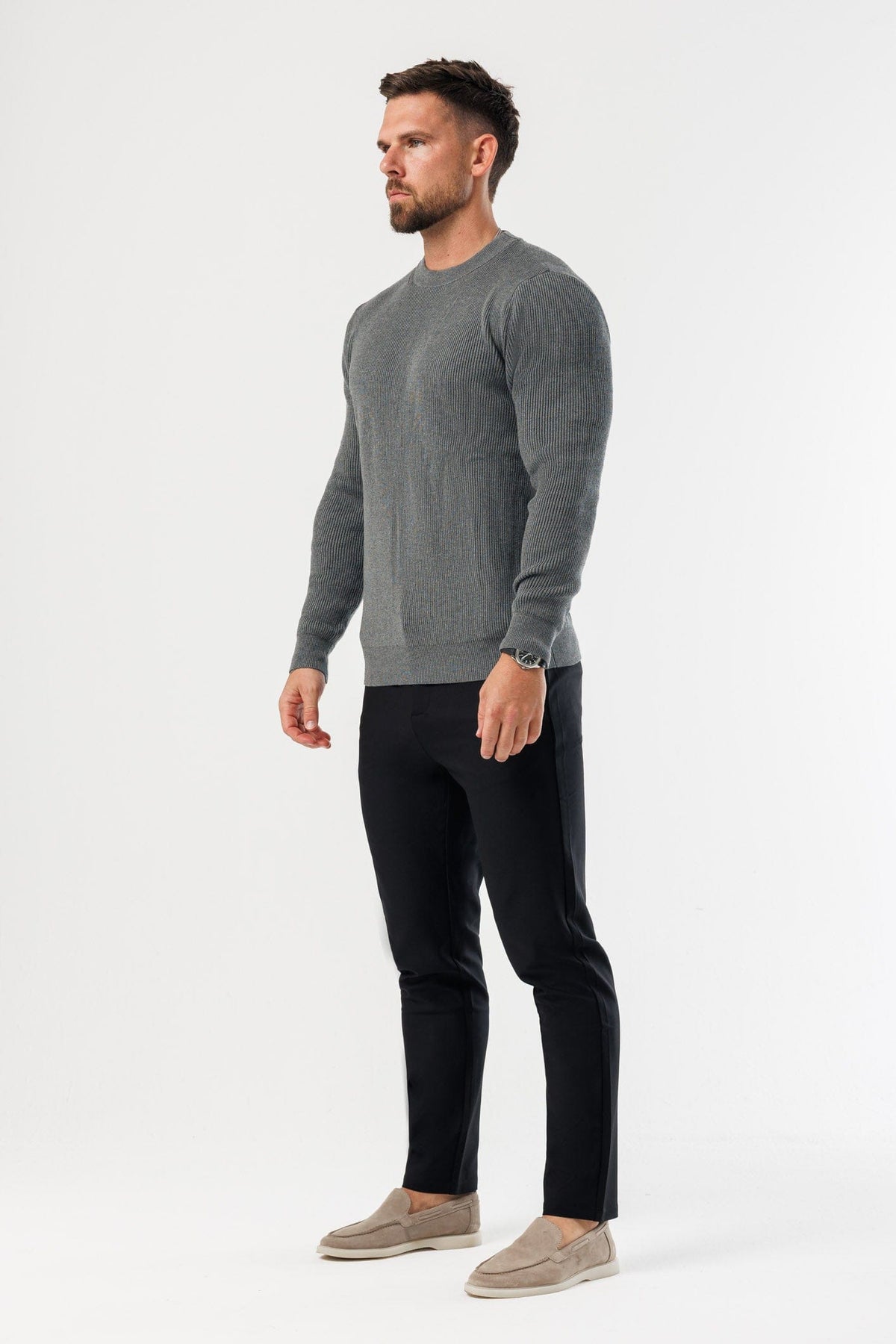 RIDGE KNIT SWEATER - DARK GREY MARL