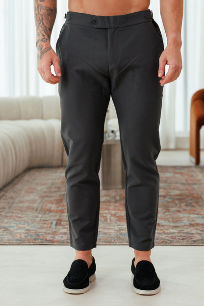 SLIM FIT PLAIN STRETCH TROUSER W/ SIDE CINCH - GREY
